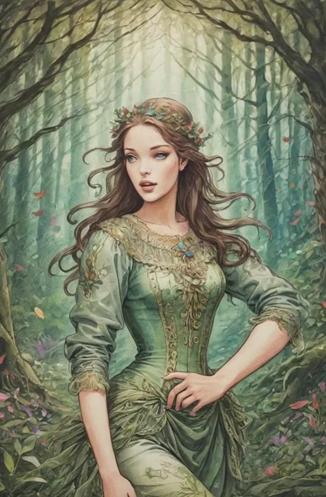 <lora:Milo_Manara_Style XL:1> masterpiece of traditional media, intricate details, best hand-drawn quality, young woman, mlmnr style, colorfull hand-drawn Enchanted Forest Clearings