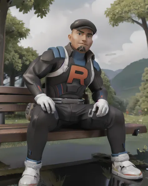 best quality, masterpiece, 1man, cliff_pokemon, sitting down, bench, rain, cloudy, thunderstorm <lora:Cliff-15:0.75>