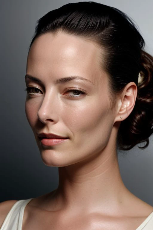 (CR-Ameli4Cooke-jjonahjameson:0.9), photo of woman, grey background, (undercut hair:1.0), (oiled shiny skin:1.0), (tilted angle shot:1.1),