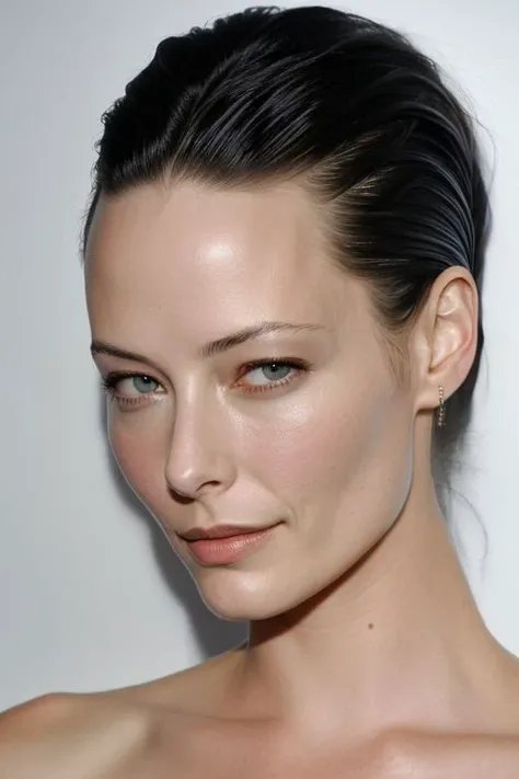 (CR-Ameli4Cooke-jjonahjameson:0.9), photo of woman, grey background, (slick undercut hair:1.0), (oiled shiny skin:1.0), (tilted angle shot:1.2), closeup,