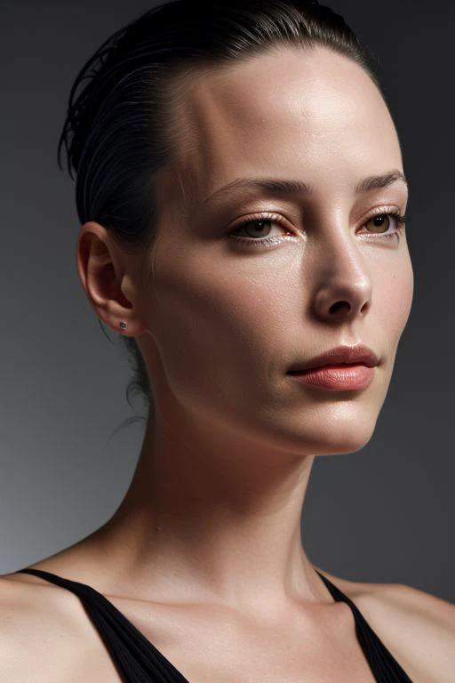 (CR-Ameli4Cooke-jjonahjameson:0.9),closeup photo of woman, grey background, (slick undercut hair:1.0), (oiled shiny skin:1.0), (tilted angle shot:1.1),