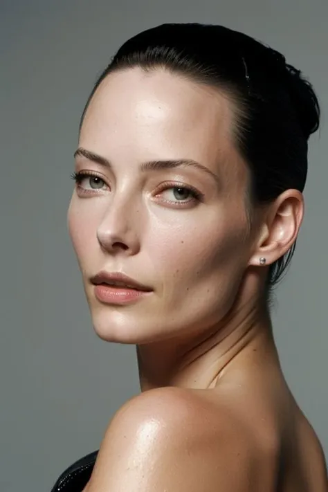 (CR-Ameli4Cooke-jjonahjameson:0.9),closeup photo of woman, grey background, (slick undercut hair:1.0), (oiled shiny skin:1.0), (tilted angle shot:1.1),