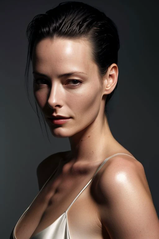 (CR-Ameli4Cooke-jjonahjameson:0.9), photo of woman, grey background, (undercut hair:1.0), (oiled shiny skin:1.0), (tilted angle shot:1.1),