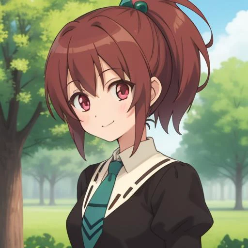 best quality, masterpiece, 
1girl, aoi nagisa, brown hair, short hair, ponytail, 
 hair bobbles, red eyes, black dress, schooloutfit1, 
green necktie, 
looking at viewer,, smile,
outdoors,tree,
 <lora:Kizuki - Strawberry Panic - Nagisa Aoi:0.7>