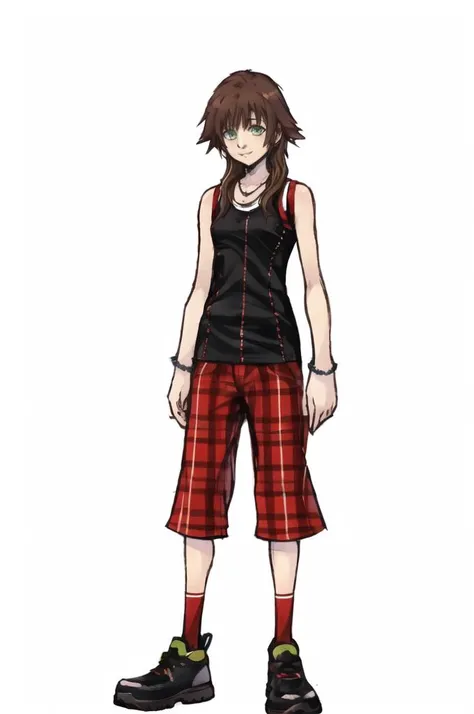 masterpiece, best quality,
solo,
facing viewer, standing,
soft smile, light smile,
<lora:OletteV2:1>, Olette, brown hair, green eyes,
plaid pants, sleeveless shirt, bracelet, red socks, black shoes, Necklace,
<lora:nomura_tetsuya_offset:1>, nomura tetsuya