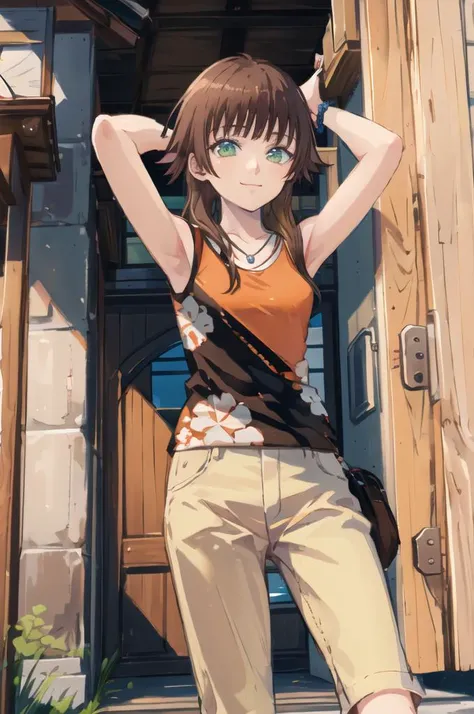 masterpiece, best quality,
solo,
facing viewer, cowboy shot, arms up,
soft smile, light smile,
<lora:OletteV2:1>, Olette, brown hair, green eyes,
sleeveless shirt, orange shirt, floral print shirt, beige shorts, necklace, bracelet, sneakers, socks,