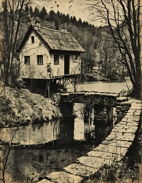 cottage by a lake with a bridge  <lora:CBS_novuschroma35 style:1.5> novuschroma35