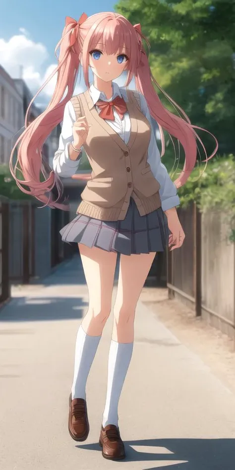 <lora:xsdalle3_v1-10:1>, masterpiece, best quality, 1girl, solo, flat chest, medium coral pink hair, low twin tails, cut chin-length and slightly curled at the ends + large white bow on the upper left side of her head + bright sky blue eyes + 157cm tall, standard issue female school uniform + unbuttoned and untucked gray blazer + brown sweater vest + white shirt slightly unbuttoned and crooked at the collar + displaced red ribbon + blue pleated skirt + white thigh-high socks, looking towards viewer, outdoors, anime coloring, blurry background, blurry, closed mouth, portrait, bloom, light particles, (sharp shadows)1.3, full body, (((dynamic pose))), depth of field, slender body