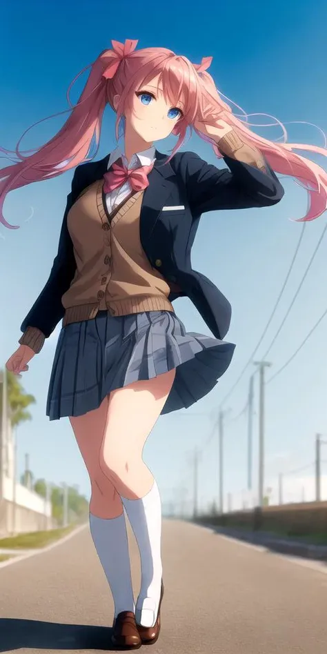 <lora:xsdalle3_v1-10:1>, masterpiece, best quality, 1girl, solo, medium coral pink hair, twin tails, cut chin-length and slightly curled at the ends + large white bow on the upper left side of her head + bright sky blue eyes + 157cm tall, standard issue female school uniform + unbuttoned and untucked gray blazer + brown sweater vest + white shirt slightly unbuttoned and crooked at the collar + displaced red ribbon + blue pleated skirt + white knee-high socks, looking towards viewer, outdoors, anime coloring, blurry background, blurry, closed mouth, portrait, bloom, light particles, (sharp shadows)1.3, full body, (((dynamic pose))), depth of field, slender body
