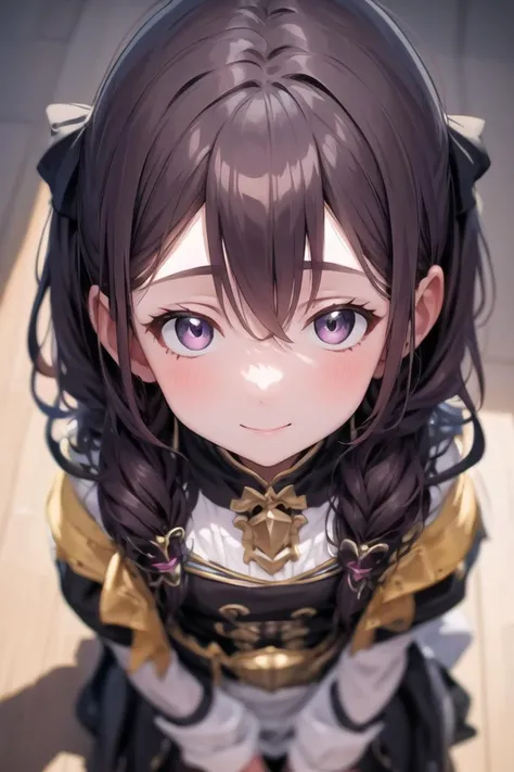 1girl, solo, masterpiece, best quality, unity 8k wallpaper, illustration, ultra-detailed, <lora:fidgeting_v2-000010:1.4>, upturned eyes, blush, smile ,from above
