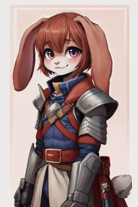 bunnyboy, boy, solo, adult, cute, highly detailed, fluffy, big eyes, beautiful, soft, ultra high quality octane render, copper fur, copper hair, floppy bunny ears, flat bunny ears, bunny ears down, light smile, blush, extra long floppy bunny ears, extra long flat bunny ears, extra long bunny ears down, armored uniform, index fingers together, upturned eyes, fidgeting,