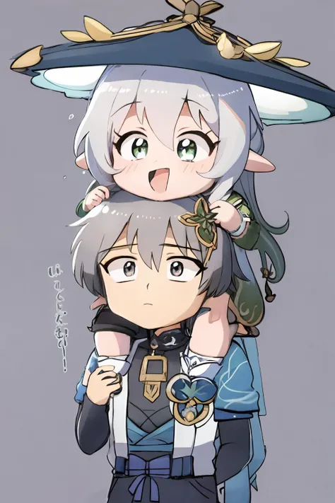 masterpiece, best quality, <lora:sxn:1>,1boy,1girl, <lora:style05:1>,simple background, (chibi:1.3),jingasa, hat