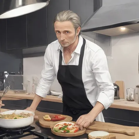 A drawing of a wide shot of mads65 cooking dinner in a modern, clean kitchen. suspense, creepy, Two-shot