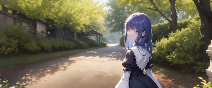 <lora:BErn1060_5000:0.7>, 1girl, frederica bernkastel, blue hair, purple eyes, dress, outdoors, detailed background, long sleeves, looking from back