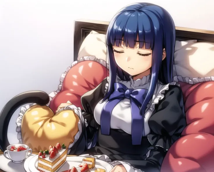 <lora:BErn1060_5000:0.7>,1girl, frederica bernkastel, bed, blue hair, cake, bow, cake slice, cat tail, closed eyes, cup, cushion, dress, food, frilled pillow, frills, heart pillow, long hair, mug, pastry, pillow, plate, sitting, solo, strawberry shortcake, tail, tea, teacup, teapot, tiered tray