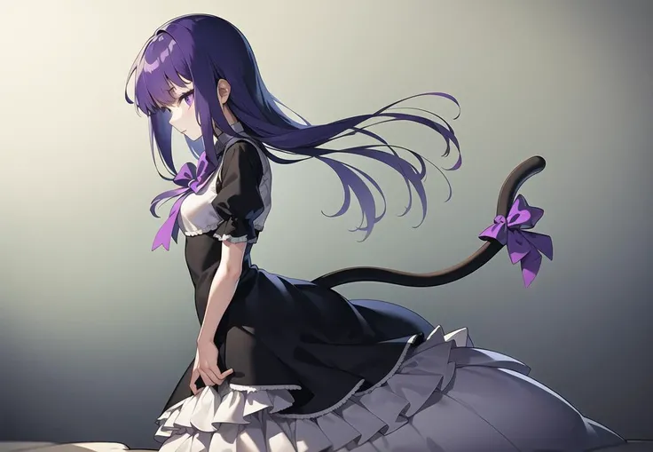 from side, full body, dress, <lora:BErn1060_5000:0.7>, frederica bernkastel, purple hair, purple eyes, tail bow, one cat tail, tail ornament