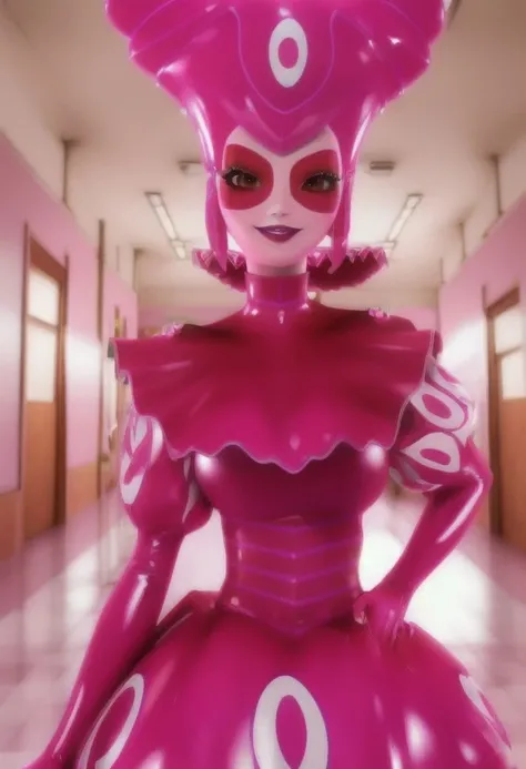 high quality, extremely detailed, perfect face, school hallway, upper body portrait  <lora:Reflekta:1>, Reflekta, pink latex dress, pink hat, painted face, pink gloves, medium breasts, evil smirk