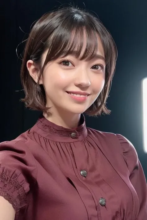 1girl,(wearing a wine red blouse:1.2),(RAW photo, best quality), (realistic, photo-realistic:1.4), masterpiece, an extremely delicate and beautiful, extremely detailed, 2k wallpaper, Amazing, finely detail, extremely detailed CG unity 8k wallpaper, ultra-detailed, highres, soft light, beautiful detailed girl, extremely detailed eyes and face, beautiful detailed nose, beautiful detailed eyes,cinematic lighting,city lights at night,perfect anatomy,slender body,smiling,(short hair:1.2), <lora:takadayuuki_lora:0.7>