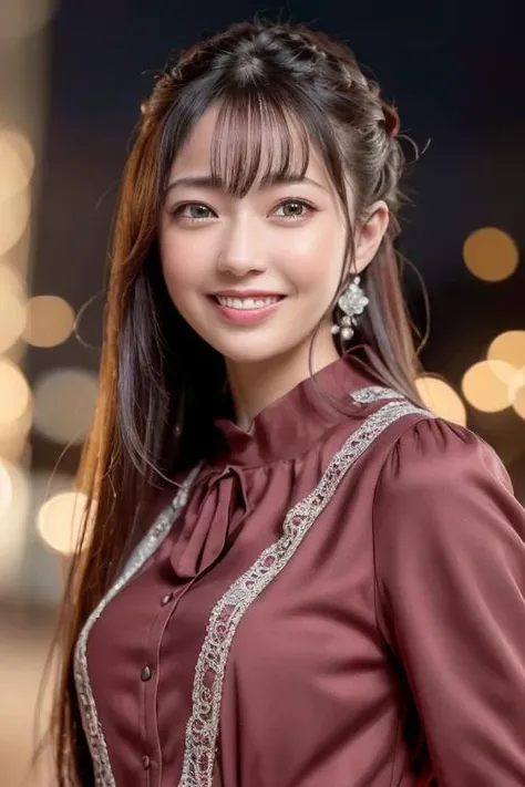 1girl,(wearing a wine red blouse:1.2),(RAW photo, best quality), (realistic, photo-realistic:1.4), masterpiece, an extremely delicate and beautiful, extremely detailed, 2k wallpaper, Amazing, finely detail, extremely detailed CG unity 8k wallpaper, ultra-detailed, highres, soft light, beautiful detailed girl, extremely detailed eyes and face, beautiful detailed nose, beautiful detailed eyes,cinematic lighting,city lights at night,perfect anatomy,slender body,smiling <lora:takadayuuki_lora:0.7>