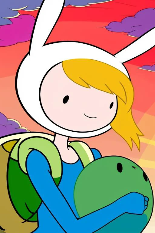 FionnaTheHuman,1girl, fionna_the_human_girl, animal_ears, blonde_hair, cloud, dress, evening, holding, orange_sky, outdoors, rabbit_ears, red_sky, sky, smile, solid_oval_eyes, solo, striped, sunburst, sunset, bag, backpack, hood, genderswap, genderswap_\(mtf\), rabbit_hood <hypernet:FionnaTheHuman:1>, nsfw, scan, masterpiece, (highres:1.2), (ultra-detailed:1.2), (illustration:0.4), (sketch:1), (flat color:1.2), soft lighting, HDR, beautiful detailed sunlight, (best shadow), shiny skin, (fair skin:1.3), detailed pupil, beautiful eyes, detailed eyes, expressive eyes, perfect hands, pointy eyes