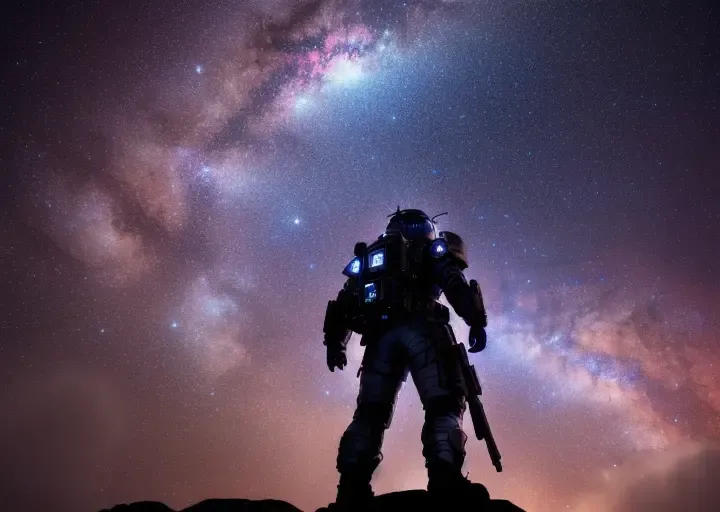 masterpiece, sharp, ultra detailed, 8k,cyber space soldier, armored,milkyway background, rococo armor,((soft dimmed light)), angle view, best quality, dimmed, (high detailed background:1.2),(high detailed character:1.2),1 girl,8k uhd, dslr, soft lighting, high quality, film grain, Fujifilm XT3, intricate detail, <lora:milkyW:1>