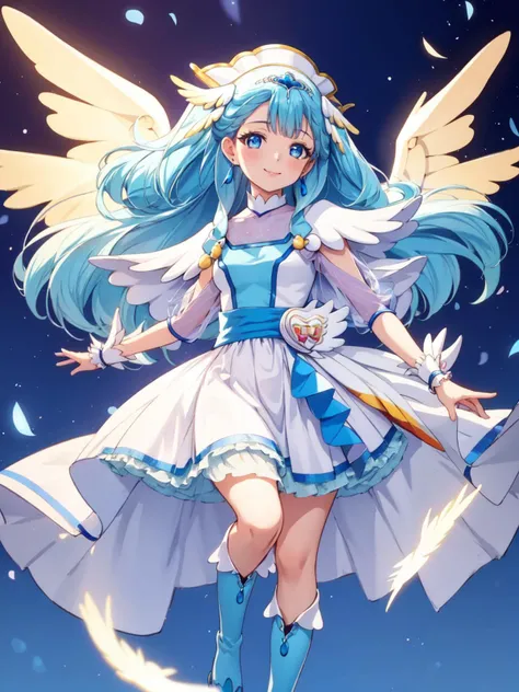 masterpiece, best quality, looking at viewer, depth of field, standing, full body, 
1girl, <lora:locon_cure_ange_01:0.9>, cure ange, short dress, earrings, hair ornament, knee boots, porch, see-through sleeves, wrist cuffs, wings, 
smile, ((gradient background)), lens flare, blue sky, simple background,