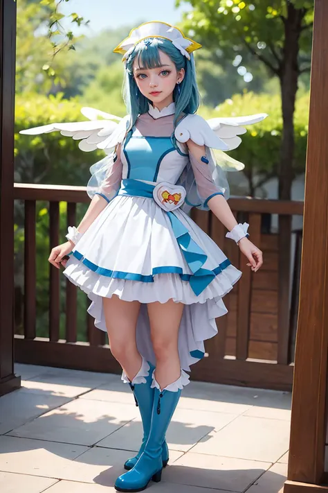 (masterpiece, best quality,:1.1) looking at viewer, depth of field, standing, full body,
1girl, <lora:locon_cure_ange_01:0.9>, cure ange, short dress, earrings, hair ornament, knee boots, porch, see-through sleeves, wrist cuffs, wings,