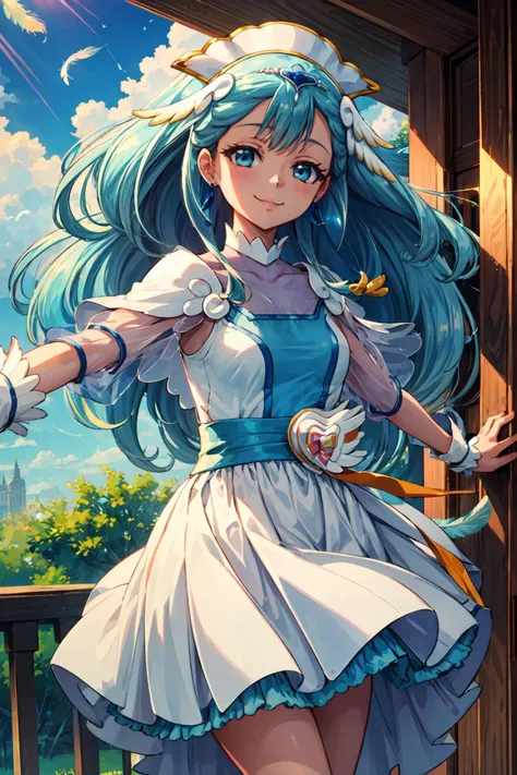 masterpiece,best quality,1girl,cure ange,short dress,earrings,hair ornament,porch,see-through sleeves,wrist cuffs,smile,spread arms,outdoors,((blue sky)),(feathers),sunlight,dutch angle,<lora:locon_cure_ange_01:0.95>,