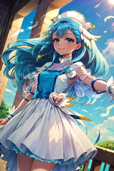 masterpiece,best quality,1girl,cure ange,short dress,earrings,hair ornament,porch,see-through sleeves,wrist cuffs,smile,spread arms,outdoors,((blue sky)),(feathers),sunlight,dutch angle,<lora:locon_cure_ange_01:0.95>,