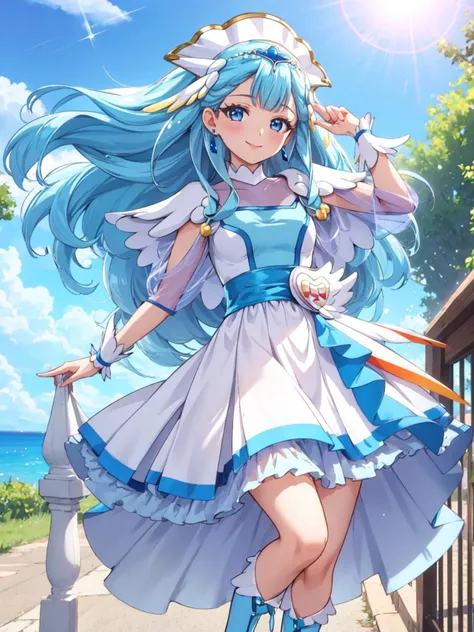 masterpiece, best quality, looking at viewer, depth of field, standing, full body,
1girl, <lora:locon_cure_ange_01:0.9>, cure ange, short dress, earrings, hair ornament, knee boots, porch, see-through sleeves, wrist cuffs,
smile, ((gradient background)), lens flare, blue sky,