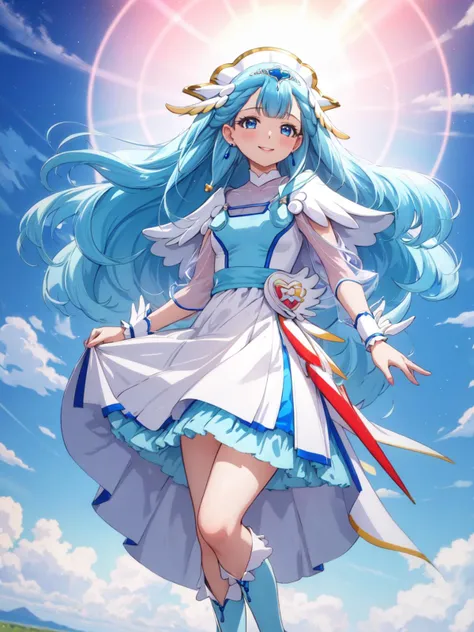 masterpiece, best quality, looking at viewer, depth of field, standing, full body,
1girl, <lora:locon_cure_ange_01:0.9>, cure ange, short dress, earrings, hair ornament, knee boots, porch, see-through sleeves, wrist cuffs,
smile, ((gradient background)), lens flare, blue sky, simple background,