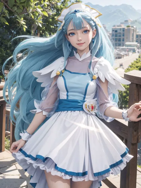 masterpiece, best quality, looking at viewer, depth of field, standing, full body,
1girl, <lora:locon_cure_ange_01:0.9>, cure ange, short dress, earrings, hair ornament, knee boots, porch, see-through sleeves, wrist cuffs, wings,
smile, ((gradient background)), lens flare, blue sky,