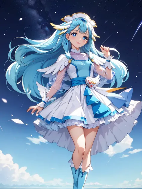 masterpiece, best quality, looking at viewer, depth of field, standing, full body,
1girl, <lora:locon_cure_ange_01:0.9>, cure ange, short dress, earrings, hair ornament, knee boots, porch, see-through sleeves, wrist cuffs,
smile, ((gradient background)), lens flare, blue sky, simple background,