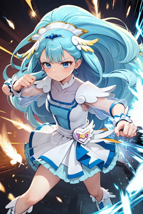 masterpiece,best quality,1girl,cure ange,short dress,earrings,hair ornament,knee boots,porch,see-through sleeves,wrist cuffs,(feathers),(serious),fighting stance,action pose,attack,punching,motion lines,motion blur,blast wave,simple background,<lora:locon_cure_ange_01:0.95>,<lora:Concept-control tool-add_detail-CyberAIchemist:0.9>,