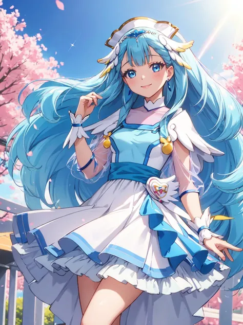 masterpiece, best quality, looking at viewer, depth of field, standing, full body, 
1girl, <lora:locon_cure_ange_01:0.9>, cure ange, short dress, earrings, hair ornament, knee boots, porch, see-through sleeves, wrist cuffs,
smile, ((gradient background)), lens flare, blue sky, simple background,