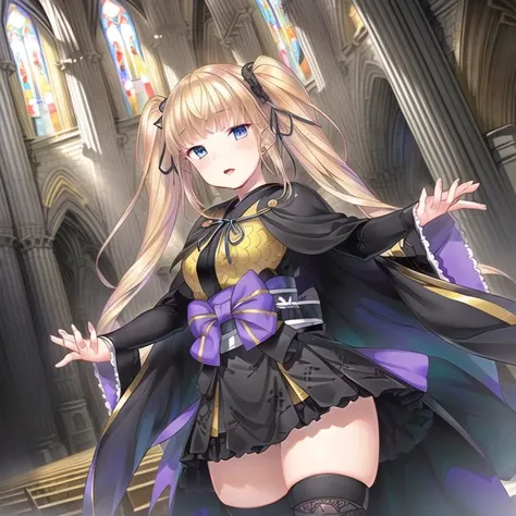 1girl, <lora:indoors_or_outdoors_last:-1> <lora:Okazaki_v1:0.8>Okazaki,blonde hair, twintails, blue eyes,gold and black japanese clothes,capelet, obi, black thighhighs,standing,, <lora:flatBG:-0.45> ,<lora:flat2:-0.45>,(dark light:1.2),(hyper extreme detailed),(masterpeace:0.5),(hyper extreme),(photorealistic),game cg,llustration,novel illustration,beautiful lighting,light from the front,, (Cathedral,church:1.2),