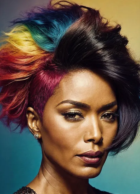 portrait of sks woman by Flora Borsi, style by Flora Borsi, bold, bright colours, rainbow Mohawk haircut, ((Flora Borsi)), <lora:locon_angelabassett_v1_from_v1_64_32:1.25>