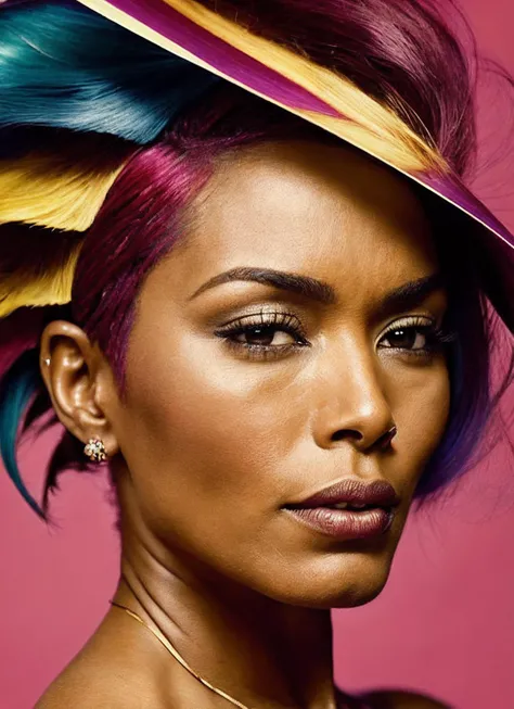 portrait of sks woman by Flora Borsi, style by Flora Borsi, bold, bright colours, rainbow Mohawk haircut, ((Flora Borsi)), <lora:locon_angelabassett_v1_from_v1_64_32:1.25>