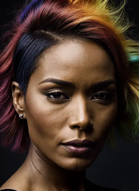 portrait of sks woman by Flora Borsi, style by Flora Borsi, bold, bright colours, rainbow Mohawk haircut, ((Flora Borsi)), <lora:locon_angelabassett_v1_from_v1_64_32:1>