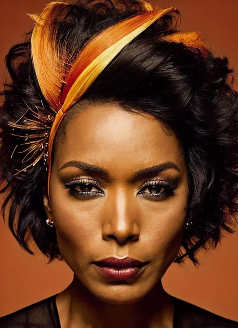 portrait of sks woman by Flora Borsi, style by Flora Borsi, bold, bright colours, orange Mohawk haircut, ((Flora Borsi)), <lora:locon_angelabassett_v1_from_v1_64_32:1.25>