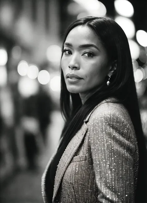 candid RAW close up portrait photo of sks woman in a (purple colored suit:1.0) on a dark street with shopping windows (at night:1.2), bokeh, Ilford Delta 3200 film, dof, high definition, detailed, intricate, flashlight, <lora:locon_angelabassett_v1_from_v1_64_32:1.25>