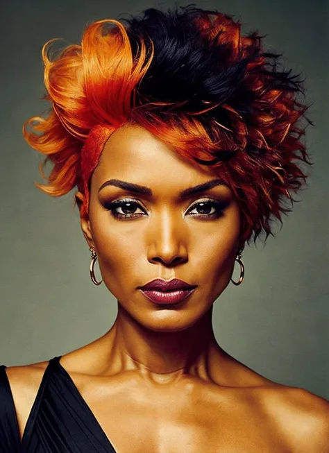 portrait of sks woman by Flora Borsi, style by Flora Borsi, bold, bright colours, orange Mohawk haircut, ((Flora Borsi)), <lora:locon_angelabassett_v1_from_v1_64_32:1.25>