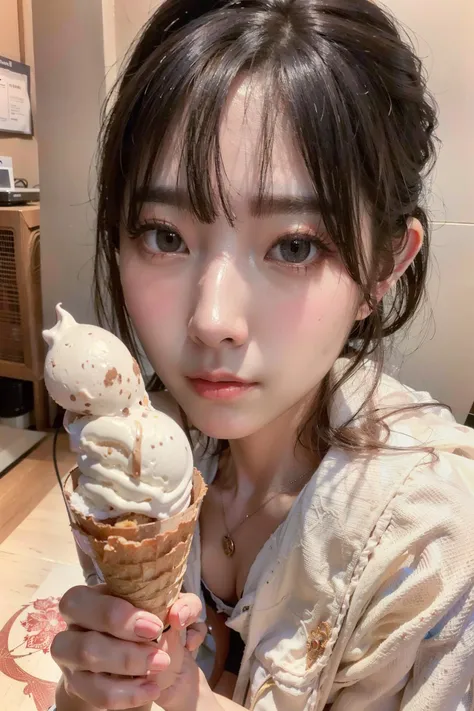 ((masterpiece), (best quality), ultra high res, (raw photo:1.2), (photorealistic:1.4), Exceptional detail, dramatic lighting, highres, 8k, absurdres, photorealistic, realistic,
Yurisa,1girl, kneeling, close up, ice cream, necklace,
<lora:Yurisa_16-000006:0.6> <lora:JPGirlEatIceCreamMix1:0.7>