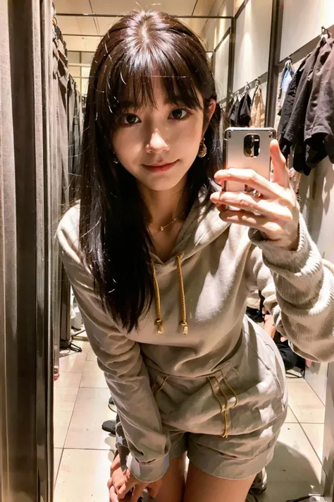 ((masterpiece), (best quality), ultra high res, (raw photo:1.2), (photorealistic:1.4), Exceptional detail, dramatic lighting, highres, 8k, absurdres, fittingroom, selfie,
Yurisa, 1girl, bangs, black_hair, closed_mouth, night sky, elegant restaurant, earrings, jewelry, long_hair, looking_at_viewer, shirt, smile, solo, full body, grey hoodie,
<lora:Yurisa_16-000006:0.6> , <lora:fittingroomselfie:0.75>