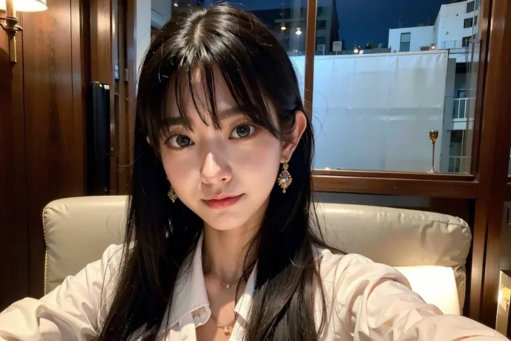 ((masterpiece), (best quality), ultra high res, (raw photo:1.2), (photorealistic:1.4), Exceptional detail, dramatic lighting, highres,   8k, absurdres,
Yurisa, 1girl, bangs, black_hair, closed_mouth, night sky, elegant restaurant, earrings, jewelry, lips, long_hair, looking_at_viewer,  shirt, smile, solo,  upper_body, white_shirt,
<lora:Yurisa_16-000006:0.6>