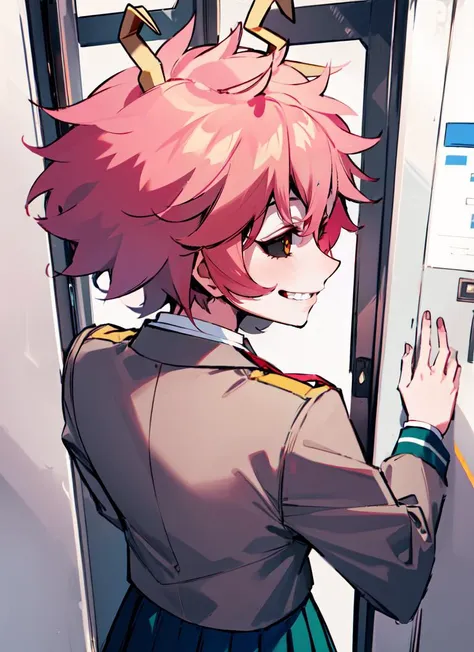 ((best quality)), ((highly detailed)), detailed face, beautiful face, , (1girl), (solo), <lora:back_view-v1:.8>, back view, from behind, dynamic pose, upper body, <lora:ashido_mina:1>, ashido_mina, pink hair, short hair, black sclera, (pink skin), horns, large breasts, smiling, school uniform, blazer, (grey jacket), long sleeves, white collared shirt, (red necktie), green skirt, pleated skirt, black socks, brown loafers, (indoors, on an elevator)