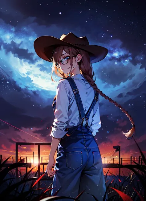 ((best quality)), ((highly detailed)), absurdres, (detailed eyes, deep eyes), (1girl), (glasses), <lora:back_view-v1:.7>, back view, from behind, full body, country girl, long hair, low twin braids, freckles, muscular, cowboy hat, overalls, plaid shirt, on a farm, (outside, in an appartment, evening, night sky, stars, multiple moons), <lora:Movie style filter_V1.5:.95>