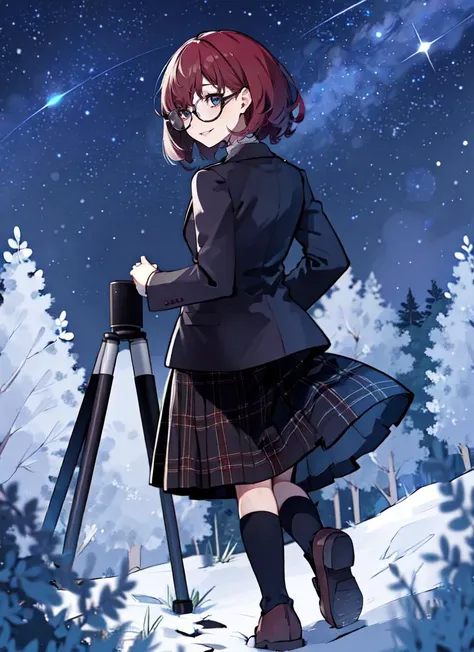 ((best quality)), ((highly detailed)), masterpiece, detailed face, beautiful face, , (1girl), (glasses), <lora:back_view-v1:.7>, back view, from behind, full body, <lora:ShuujinAcademySchoolUniform:.9>, GirlUniform, shuujin academy school uniform, black jacket, plaid skirt, nerd, <lora:LoraRoundGlassesV1:.7>, round glasses, thick rimmed glasses, smile, (outdoors, at a dense forest, trail, forest canopy, log cabin, night, night sky, stars, blue moon, telescope, snow storm)