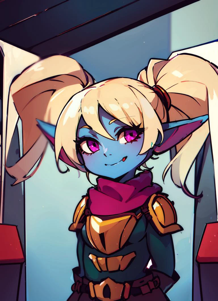 ((best quality)), ((highly detailed)), absurdres, (detailed eyes, deep eyes), (1girl), <lora:back_view-v1:.8>, back view, from behind, upper body, <lora:kupa_poppy:1>, (poppy:1.1), yordle, blonde hair, twintails, magenta eyes, short, curvy, wide hips, ((colored skin, light blue skin)), small breasts, smiling, armor, green pants:.3, scarf, (inside, at an arcade)