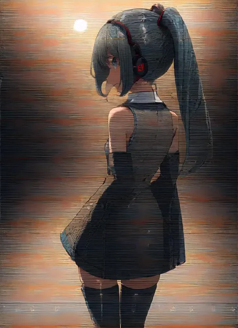 ((best quality)), ((highly detailed)), absurdres, (detailed eyes, deep eyes), (1girl), <lora:back_view-v1:.75>, back view, from behind, full body, wide shot, <lora:hairdetailer:.7>, Hatsune Miku, aqua hair, ((very long hair)), twintails, hair ornament, aqua eyes, blue nail polish, smiling, headphones, white shirt, collared shirt, sleeveless shirt, bare shoulders, detached sleeves, (black sleeves), wide sleeves, aqua necktie, miniskirt, thighhighs, zettai ryouiki, (outdoors, at a graveyard, morning, sunrise, clear weather), <lora:scanline_v03:1>